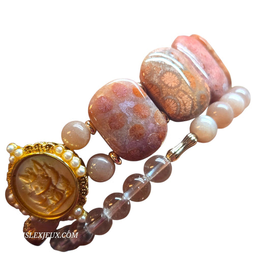 3 Layer Coral Jade in Shell Accent Bracelet