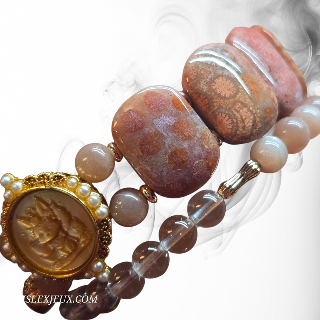 3 Layer Coral Jade in Shell Accent Bracelet