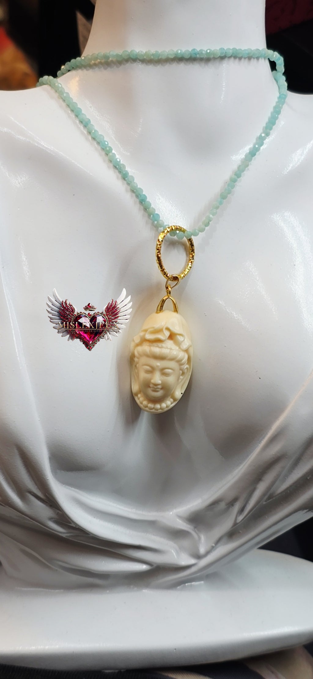 Customized Pendant Ivory Nut Guan Yin in Amazonite Necklace