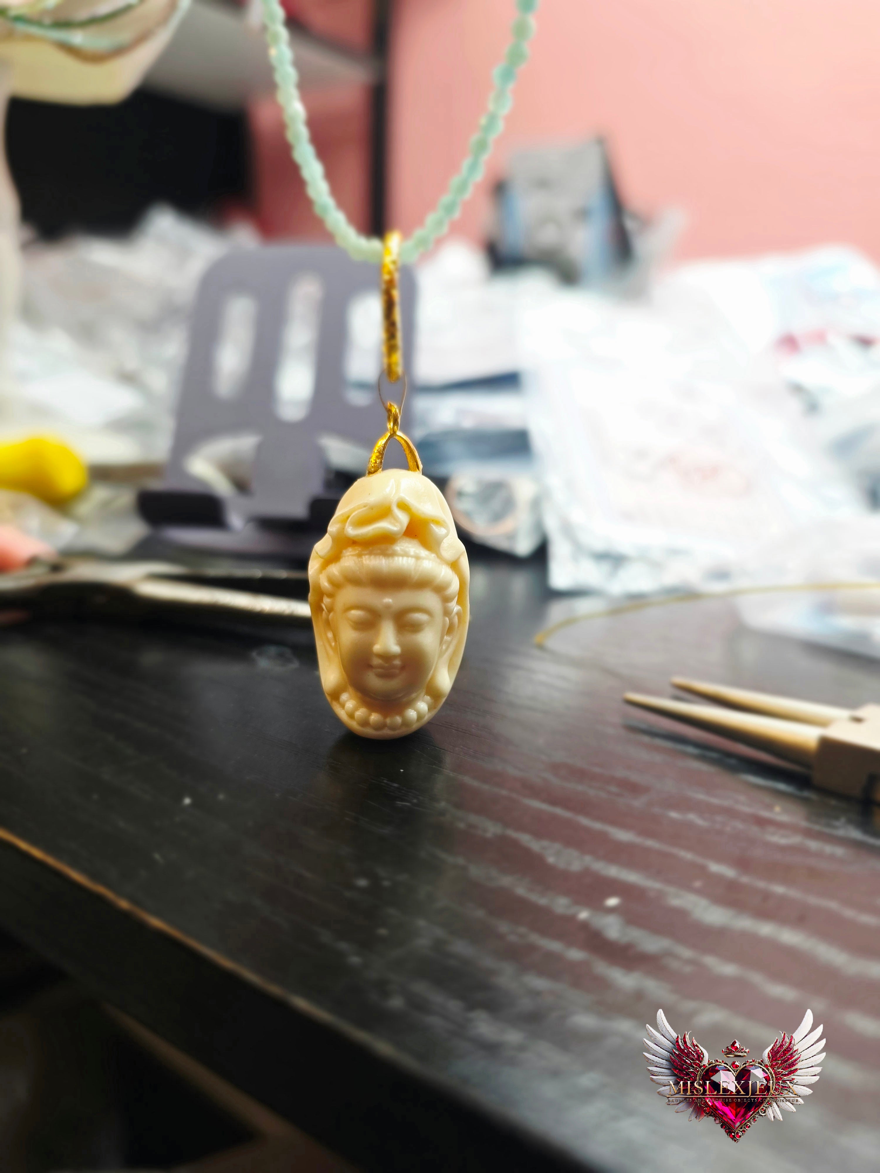 Customized Pendant Ivory Nut Guan Yin in Amazonite Necklace