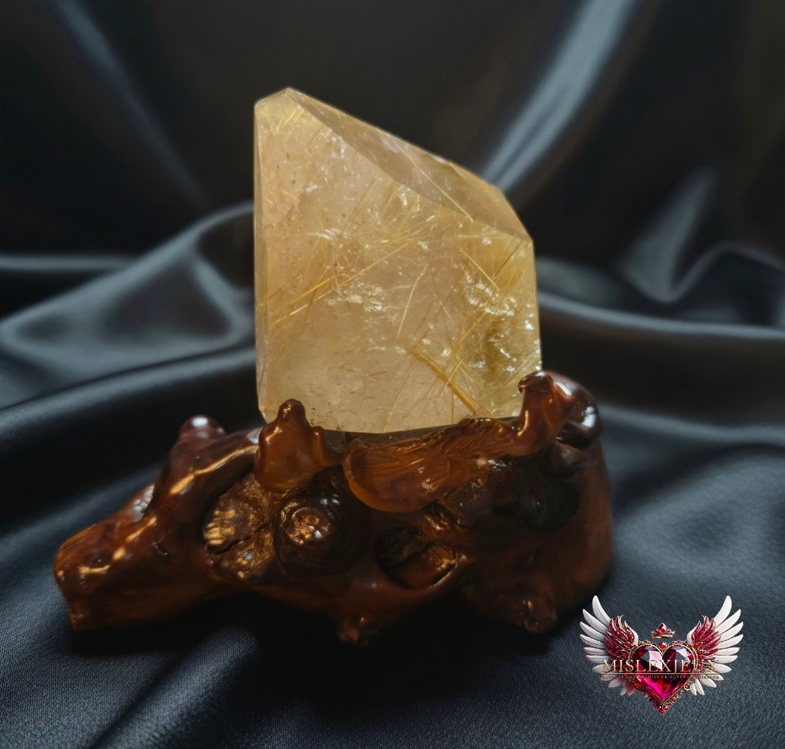 Rutilated Quartz Center Piece in Wooden Stand
