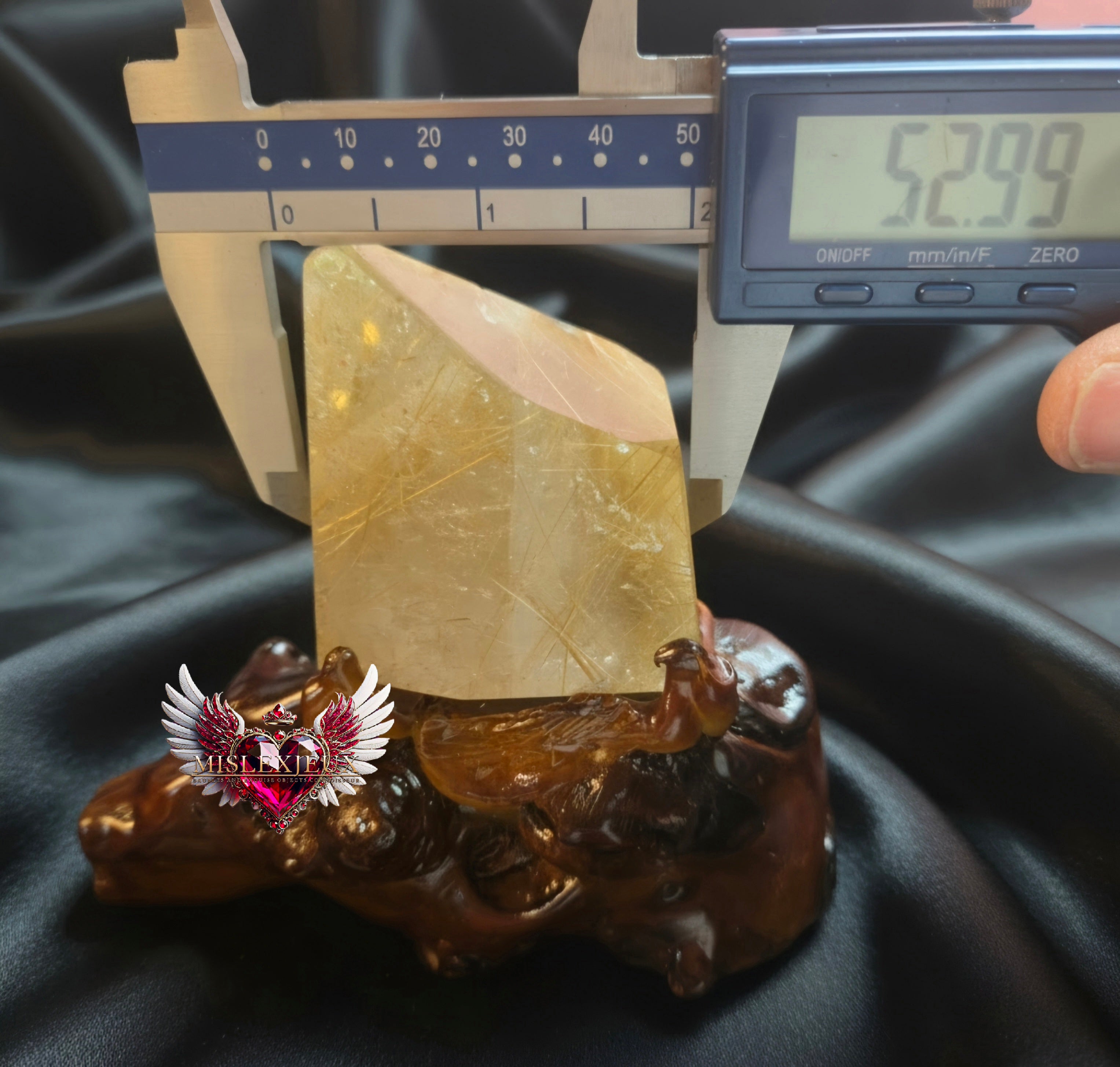 Rutilated Quartz Center Piece in Wooden Stand