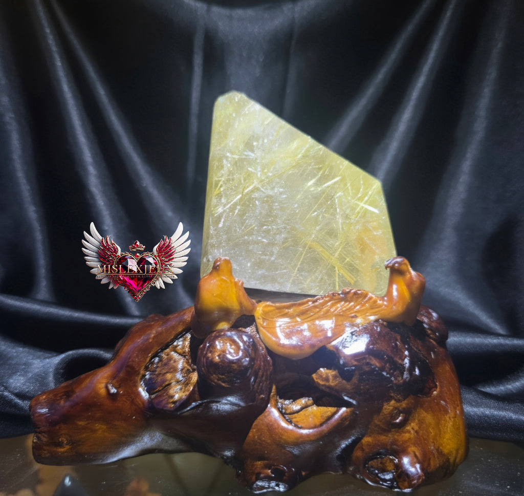 Rutilated Quartz Center Piece in Wooden Stand