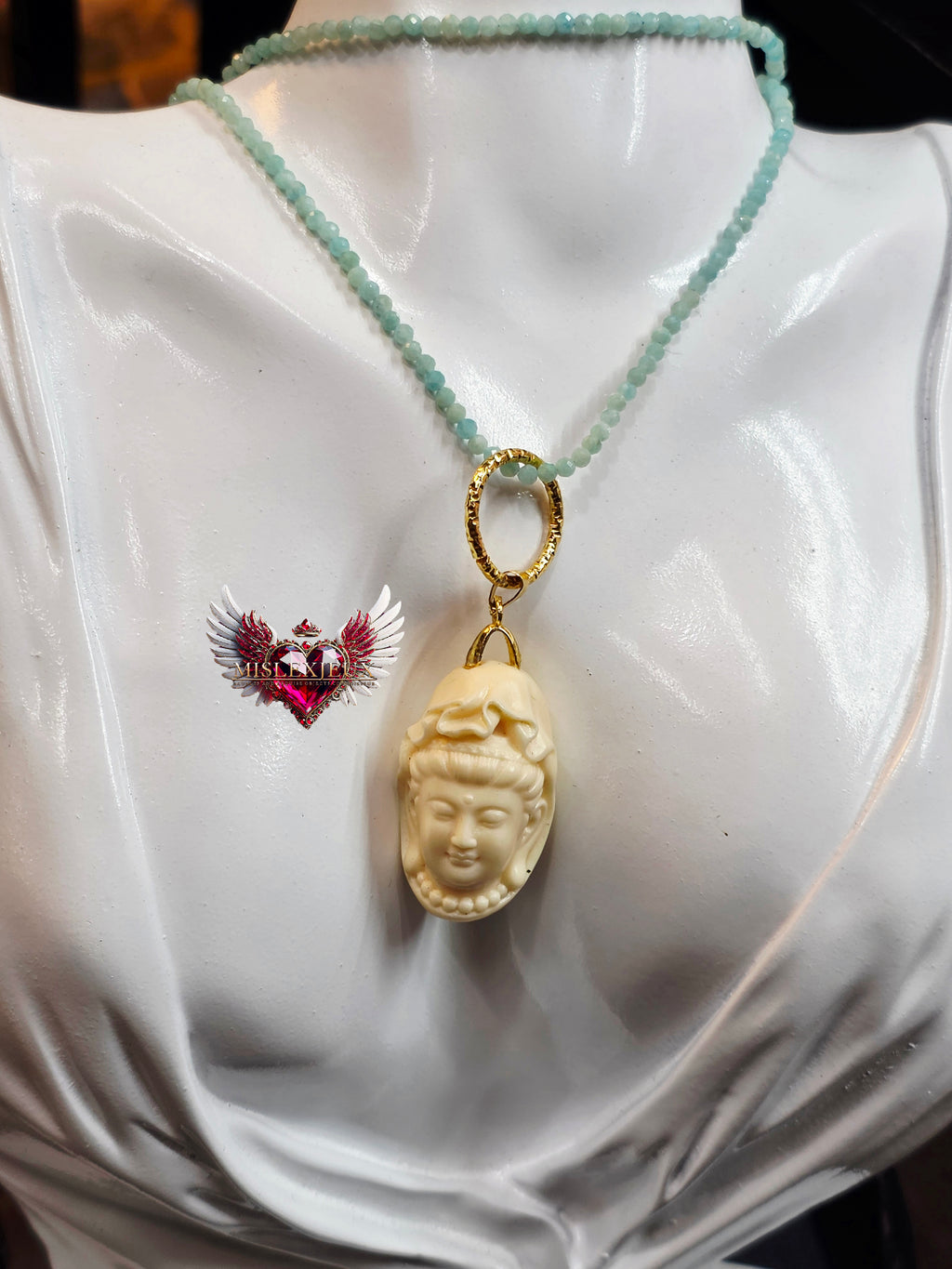 Customized Pendant Ivory Nut Guan Yin in Amazonite Necklace
